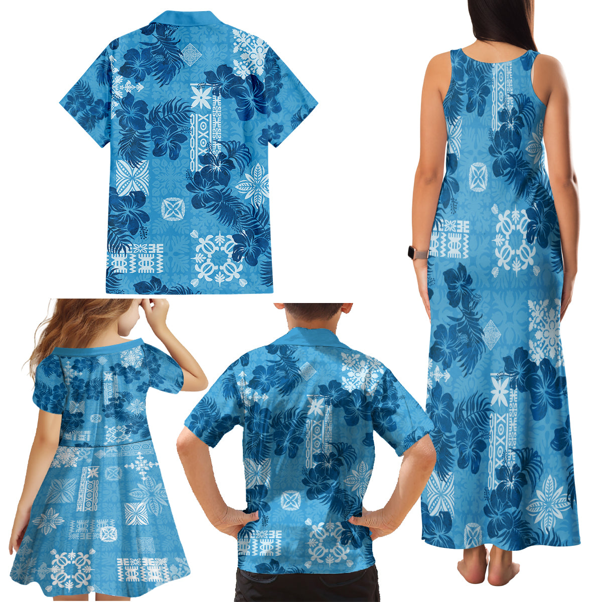 Hawaii Tapa Family Matching Tank Maxi Dress and Hawaiian Shirt Hibiscus Mix Hawaiian Quilt Patches - Blue - Wonder Print Shop