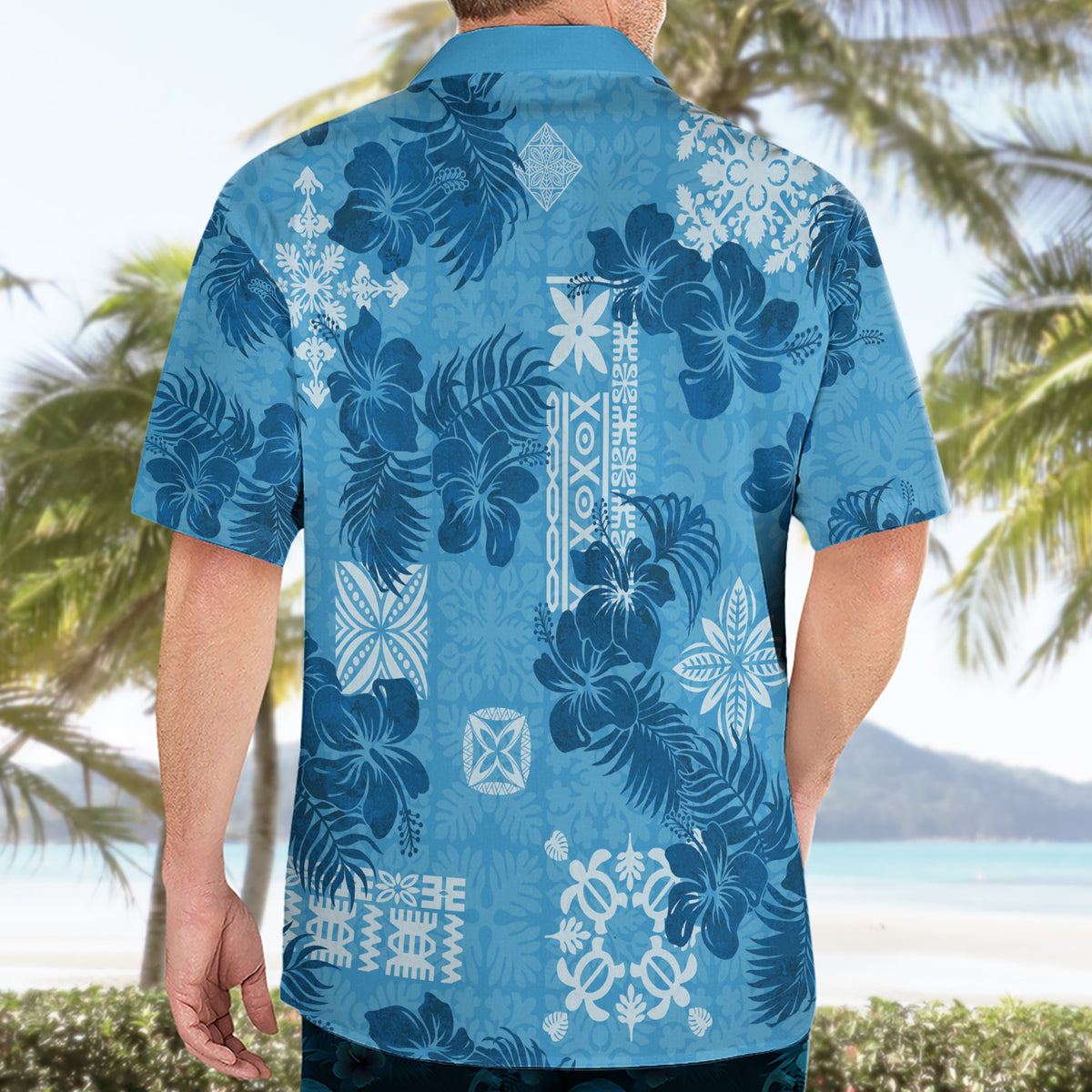 Hawaii Tapa Hawaiian Shirt Hibiscus Mix Hawaiian Quilt Patches - Blue - Wonder Print Shop
