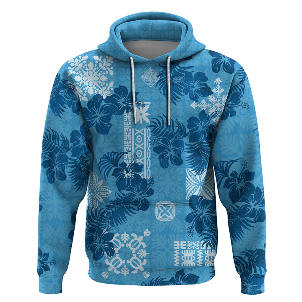 Hawaii Tapa Hoodie Hibiscus Mix Hawaiian Quilt Patches - Blue - Wonder Print Shop
