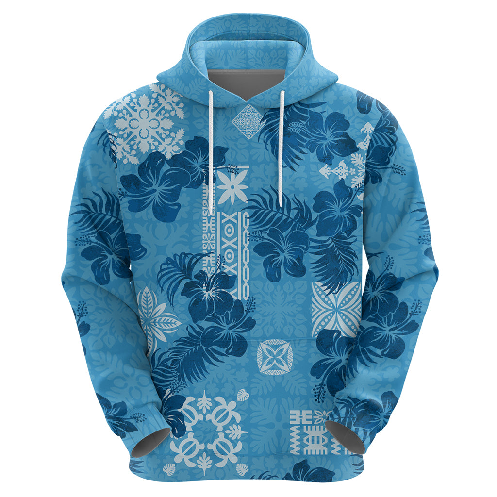 Hawaii Tapa Hoodie Hibiscus Mix Hawaiian Quilt Patches - Blue - Wonder Print Shop