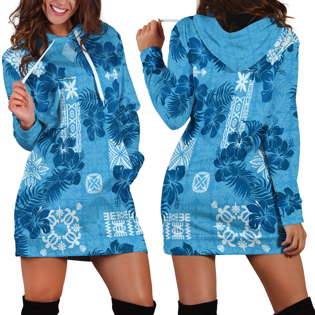Hawaii Tapa Hoodie Dress Hibiscus Mix Hawaiian Quilt Patches - Blue - Wonder Print Shop