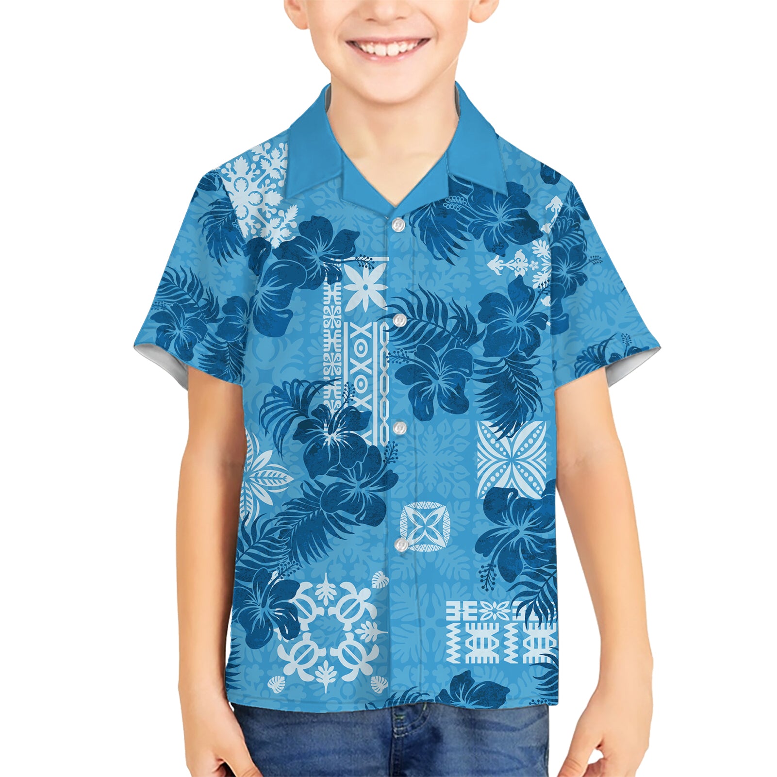 Hawaii Tapa Kid Hawaiian Shirt Hibiscus Mix Hawaiian Quilt Patches - Blue - Wonder Print Shop