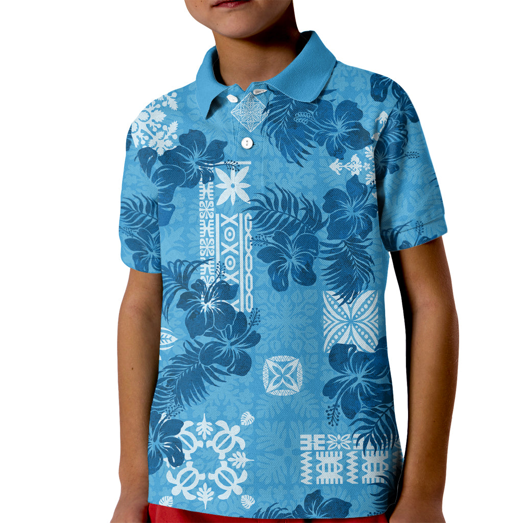 Hawaii Tapa Kid Polo Shirt Hibiscus Mix Hawaiian Quilt Patches - Blue - Wonder Print Shop