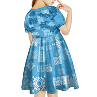 Hawaii Tapa Kid Short Sleeve Dress Hibiscus Mix Hawaiian Quilt Patches - Blue - Wonder Print Shop