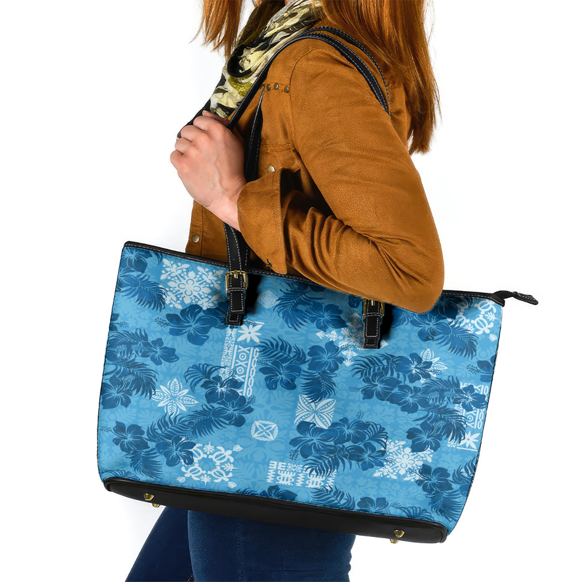 Hawaii Tapa Leather Tote Bag Hibiscus Mix Hawaiian Quilt Patches - Blue - Wonder Print Shop