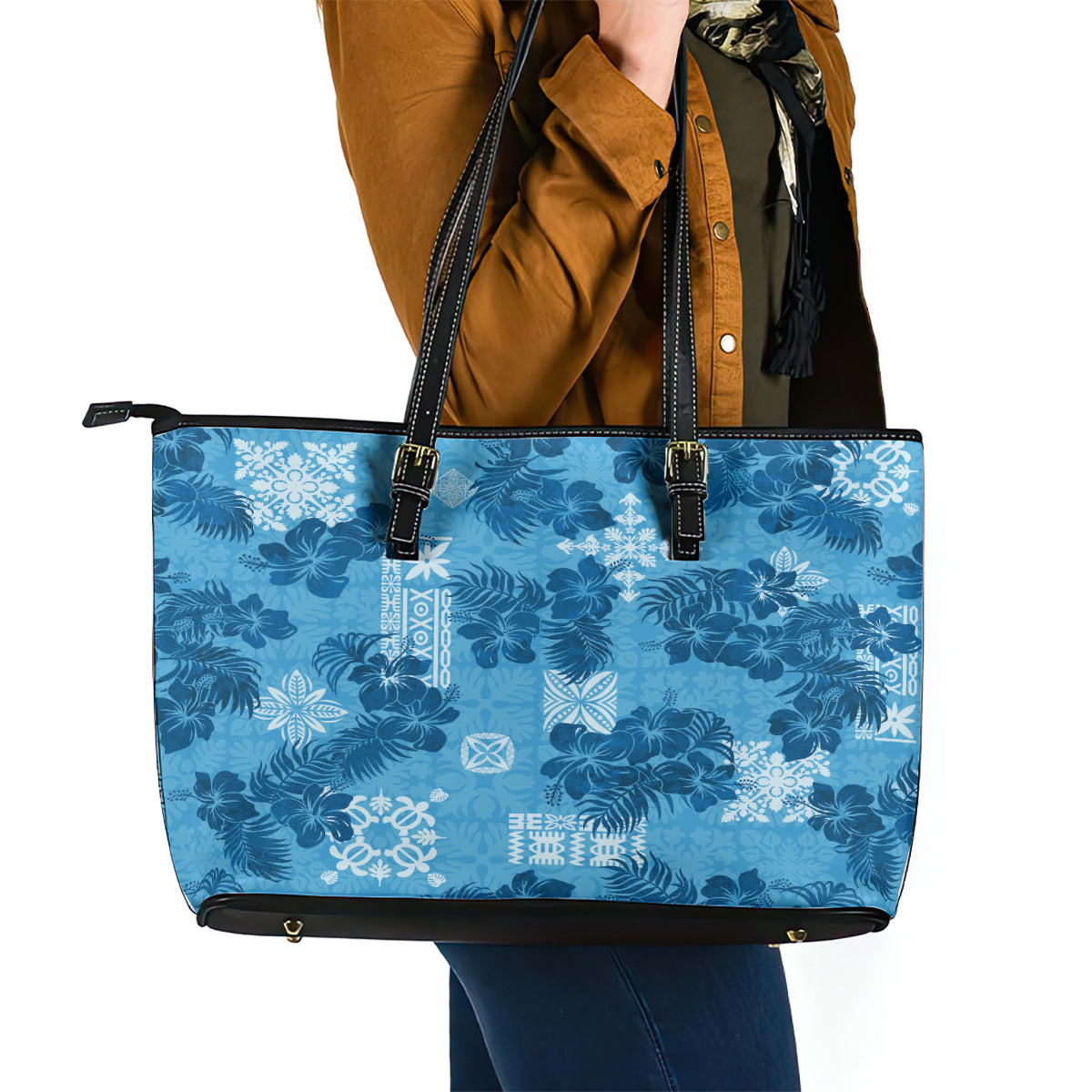 Hawaii Tapa Leather Tote Bag Hibiscus Mix Hawaiian Quilt Patches - Blue - Wonder Print Shop