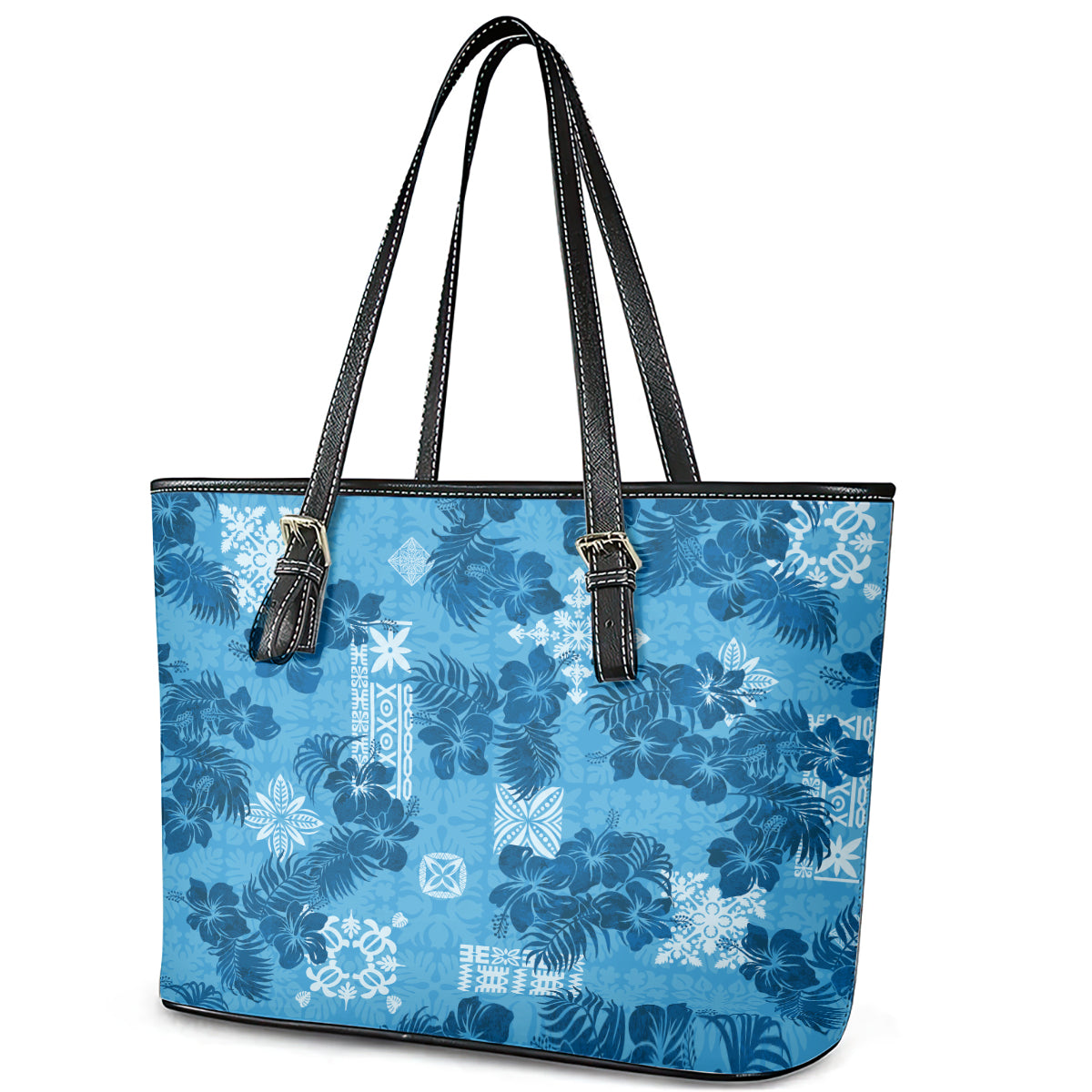 Hawaii Tapa Leather Tote Bag Hibiscus Mix Hawaiian Quilt Patches - Blue - Wonder Print Shop