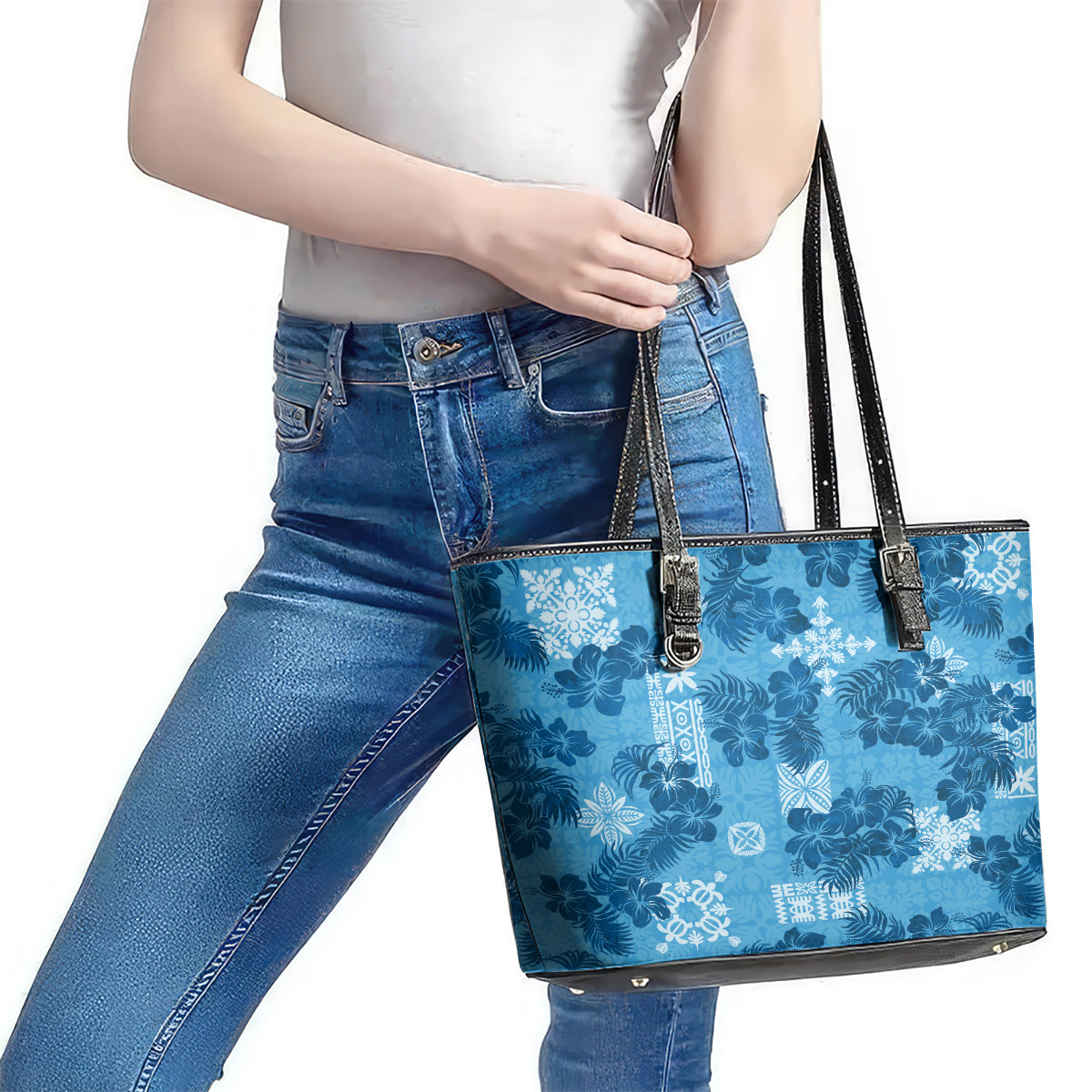 Hawaii Tapa Leather Tote Bag Hibiscus Mix Hawaiian Quilt Patches - Blue - Wonder Print Shop