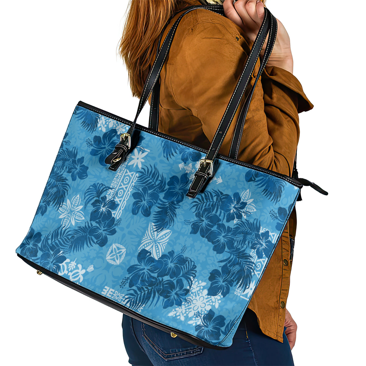 Hawaii Tapa Leather Tote Bag Hibiscus Mix Hawaiian Quilt Patches - Blue - Wonder Print Shop