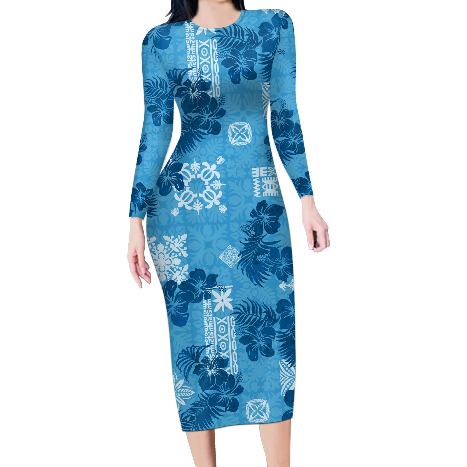 Hawaii Tapa Long Sleeve Bodycon Dress Hibiscus Mix Hawaiian Quilt Patches - Blue - Wonder Print Shop
