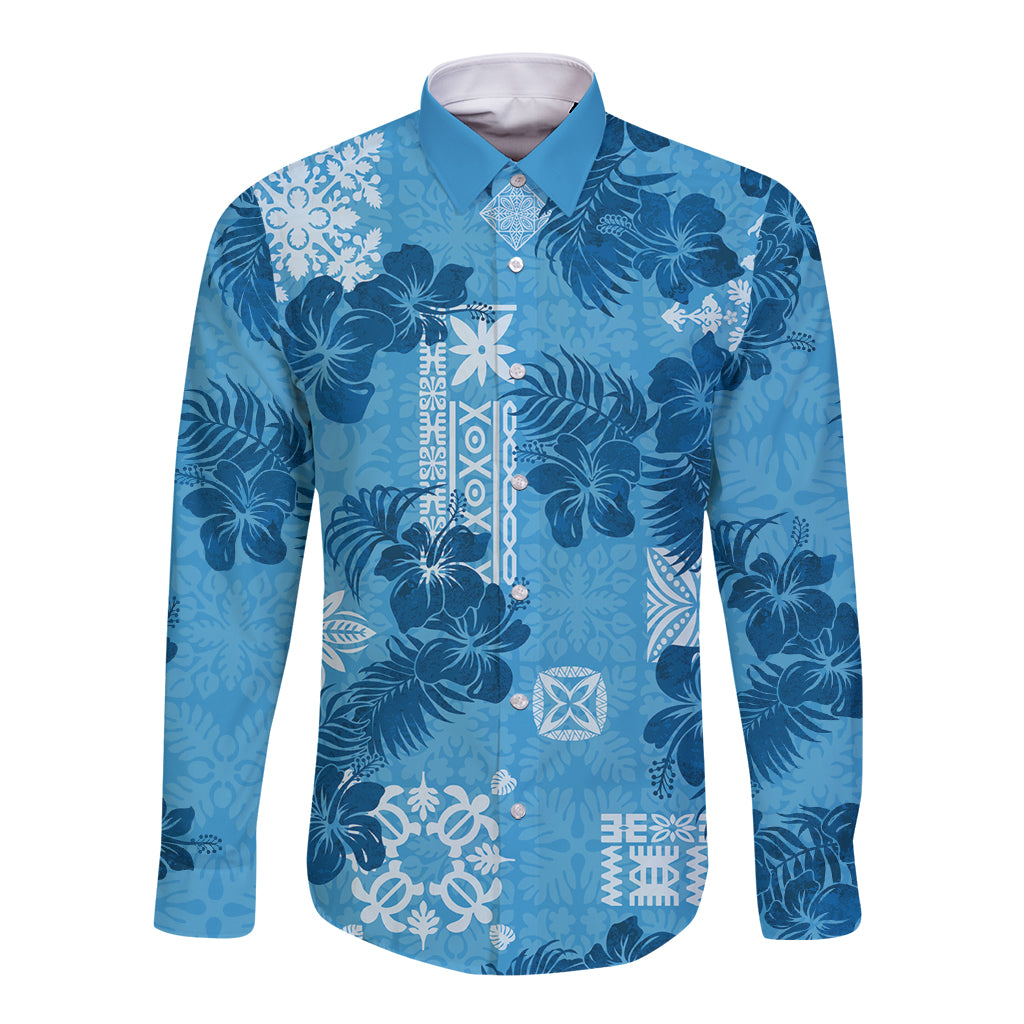 Hawaii Tapa Long Sleeve Button Shirt Hibiscus Mix Hawaiian Quilt Patches - Blue - Wonder Print Shop