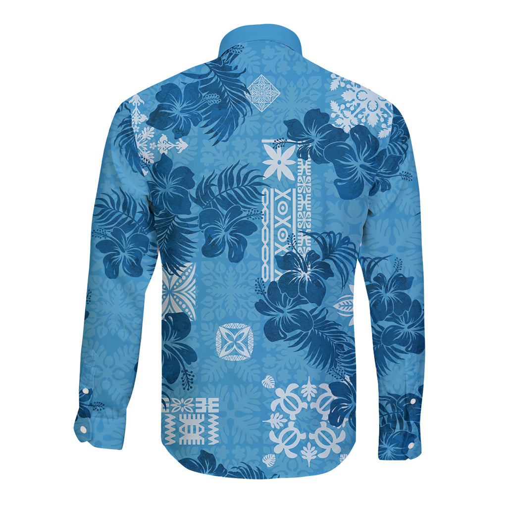 Hawaii Tapa Long Sleeve Button Shirt Hibiscus Mix Hawaiian Quilt Patches - Blue - Wonder Print Shop