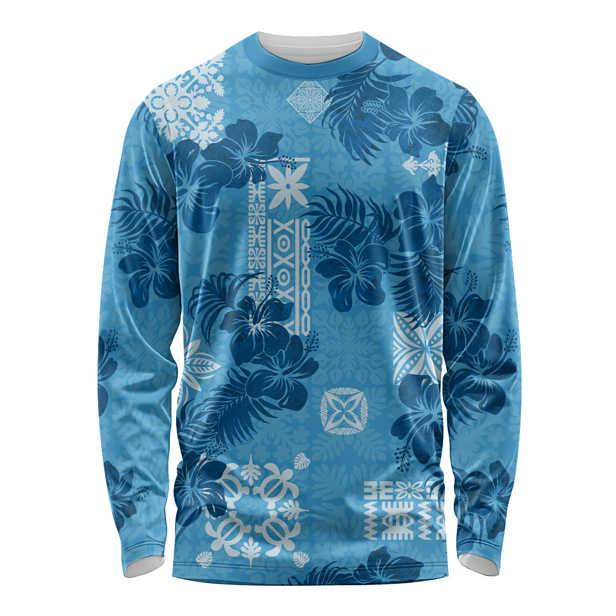 Hawaii Tapa Long Sleeve Shirt Hibiscus Mix Hawaiian Quilt Patches - Blue - Wonder Print Shop