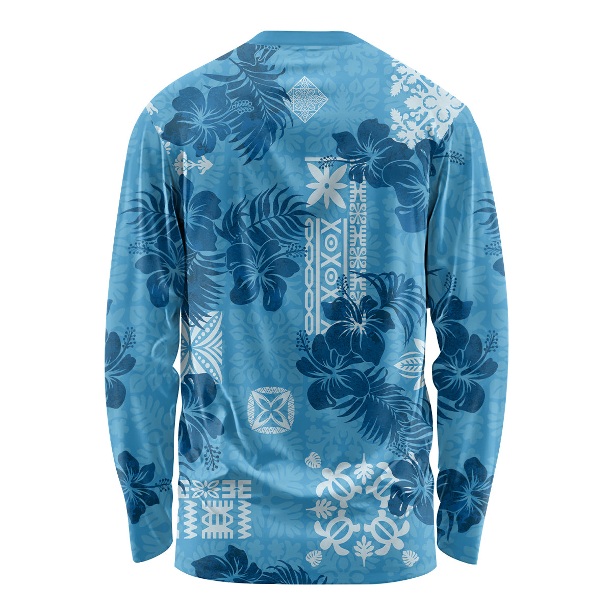 Hawaii Tapa Long Sleeve Shirt Hibiscus Mix Hawaiian Quilt Patches - Blue - Wonder Print Shop