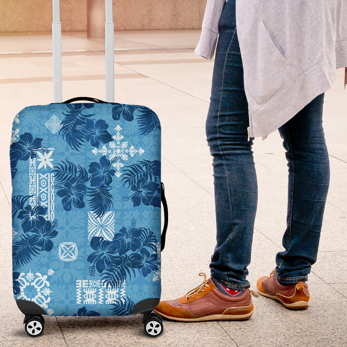 Hawaii Tapa Luggage Cover Hibiscus Mix Hawaiian Quilt Patches - Blue - Wonder Print Shop