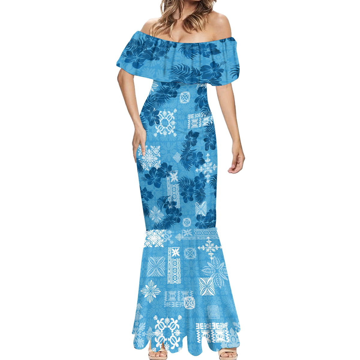 Hawaii Tapa Mermaid Dress Hibiscus Mix Hawaiian Quilt Patches - Blue - Wonder Print Shop