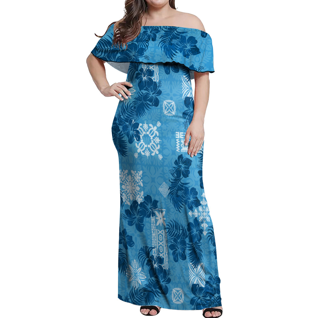 Hawaii Tapa Off Shoulder Maxi Dress Hibiscus Mix Hawaiian Quilt Patches - Blue - Wonder Print Shop