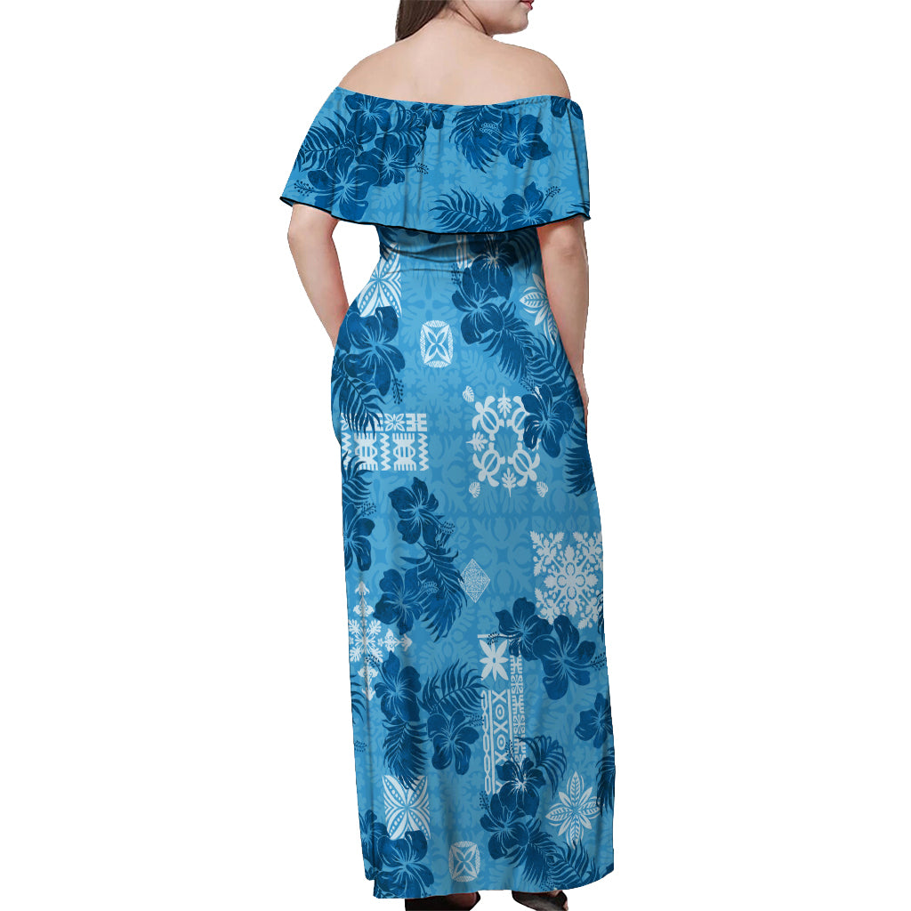 Hawaii Tapa Off Shoulder Maxi Dress Hibiscus Mix Hawaiian Quilt Patches - Blue - Wonder Print Shop