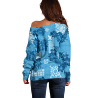 Hawaii Tapa Off Shoulder Sweater Hibiscus Mix Hawaiian Quilt Patches - Blue - Wonder Print Shop