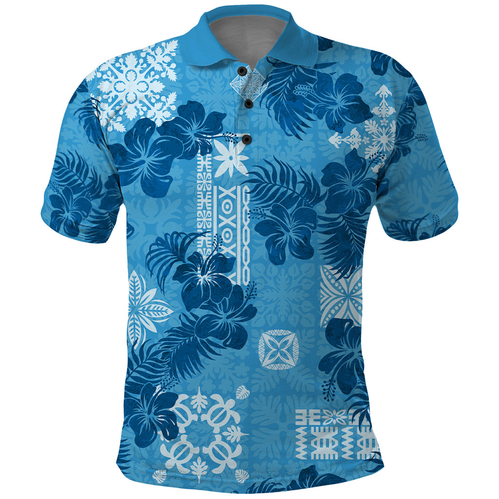 Hawaii Tapa Polo Shirt Hibiscus Mix Hawaiian Quilt Patches - Blue - Wonder Print Shop