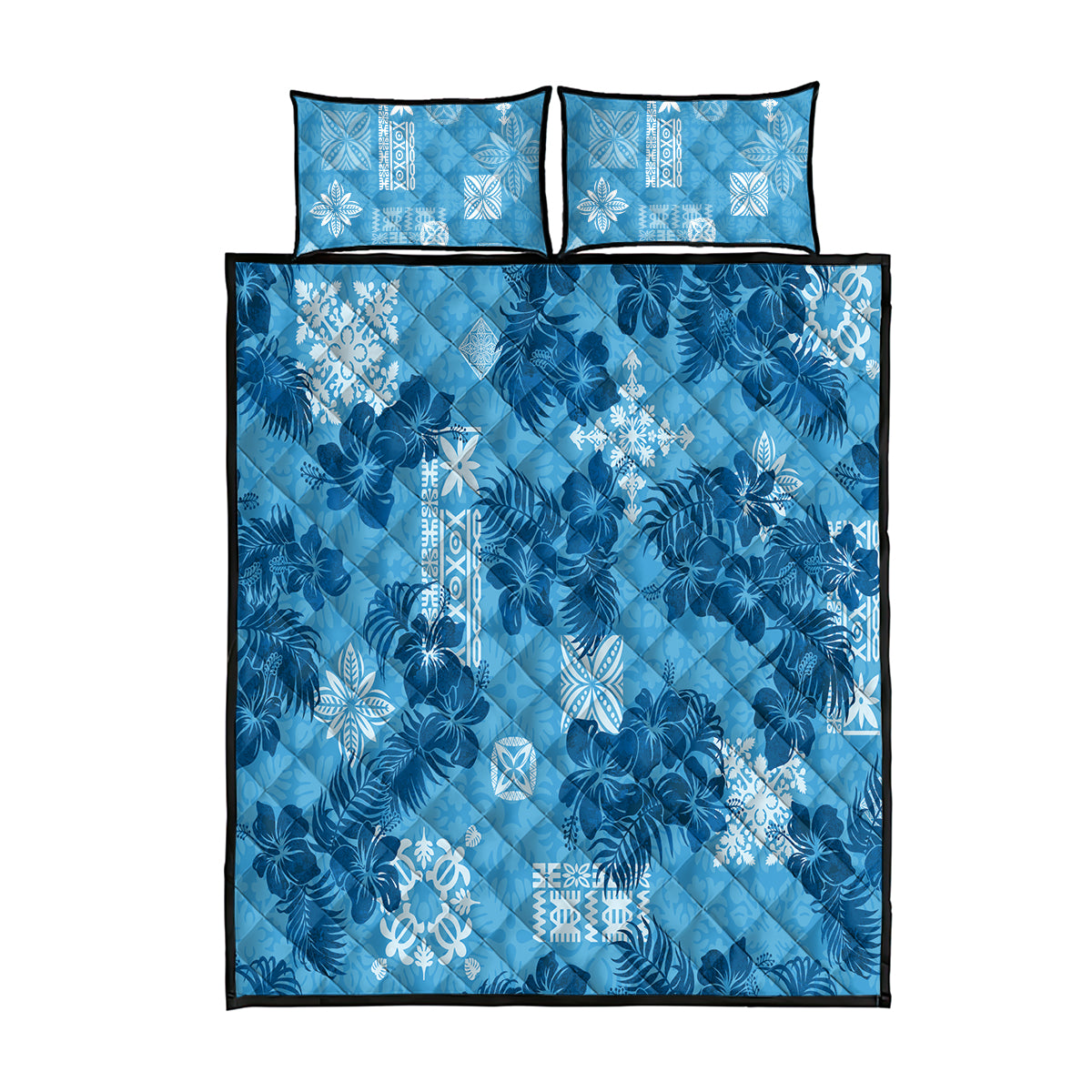 Hawaii Tapa Quilt Bed Set Hibiscus Mix Hawaiian Quilt Patches - Blue - Wonder Print Shop