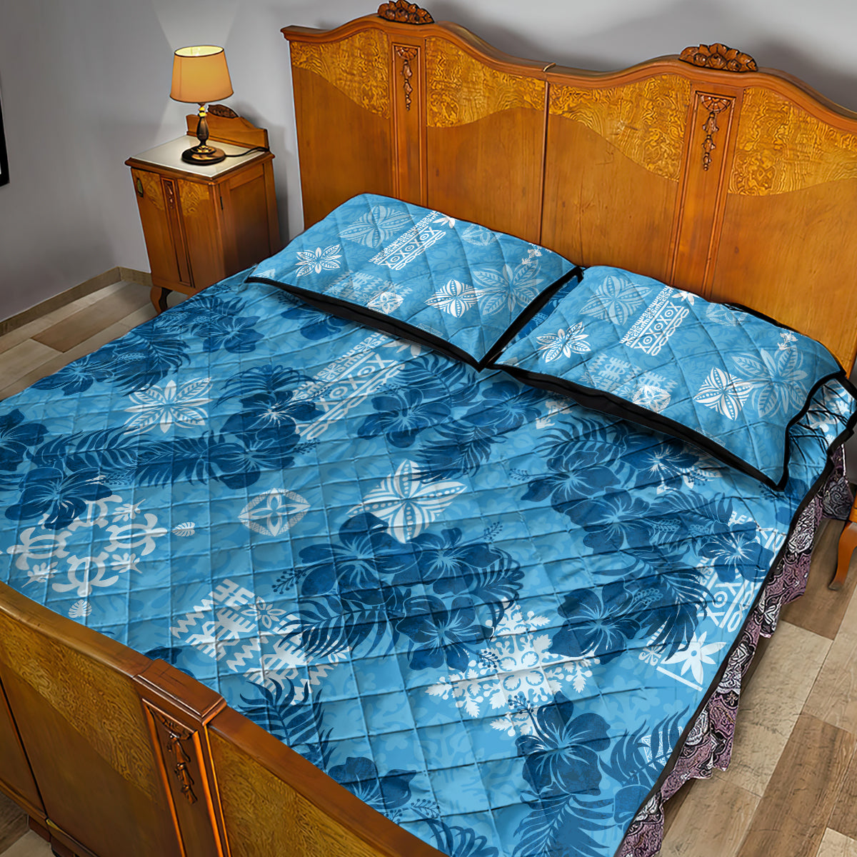 Hawaii Tapa Quilt Bed Set Hibiscus Mix Hawaiian Quilt Patches - Blue - Wonder Print Shop