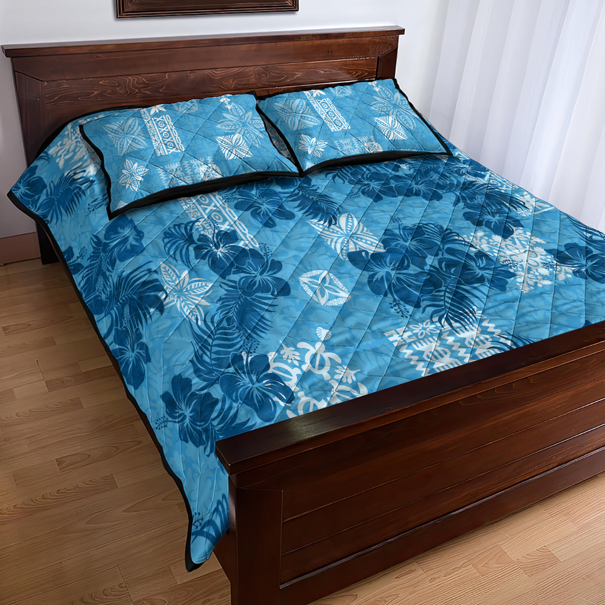 Hawaii Tapa Quilt Bed Set Hibiscus Mix Hawaiian Quilt Patches - Blue - Wonder Print Shop