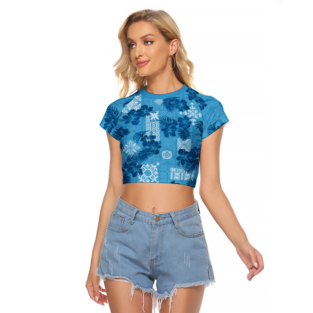 Hawaii Tapa Raglan Cropped T Shirt Hibiscus Mix Hawaiian Quilt Patches - Blue - Wonder Print Shop