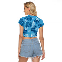 Hawaii Tapa Raglan Cropped T Shirt Hibiscus Mix Hawaiian Quilt Patches - Blue - Wonder Print Shop