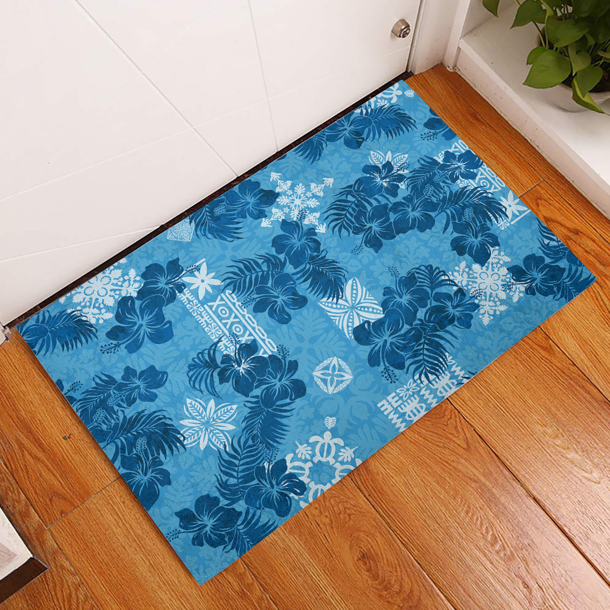 Hawaii Tapa Rubber Doormat Hibiscus Mix Hawaiian Quilt Patches - Blue - Wonder Print Shop