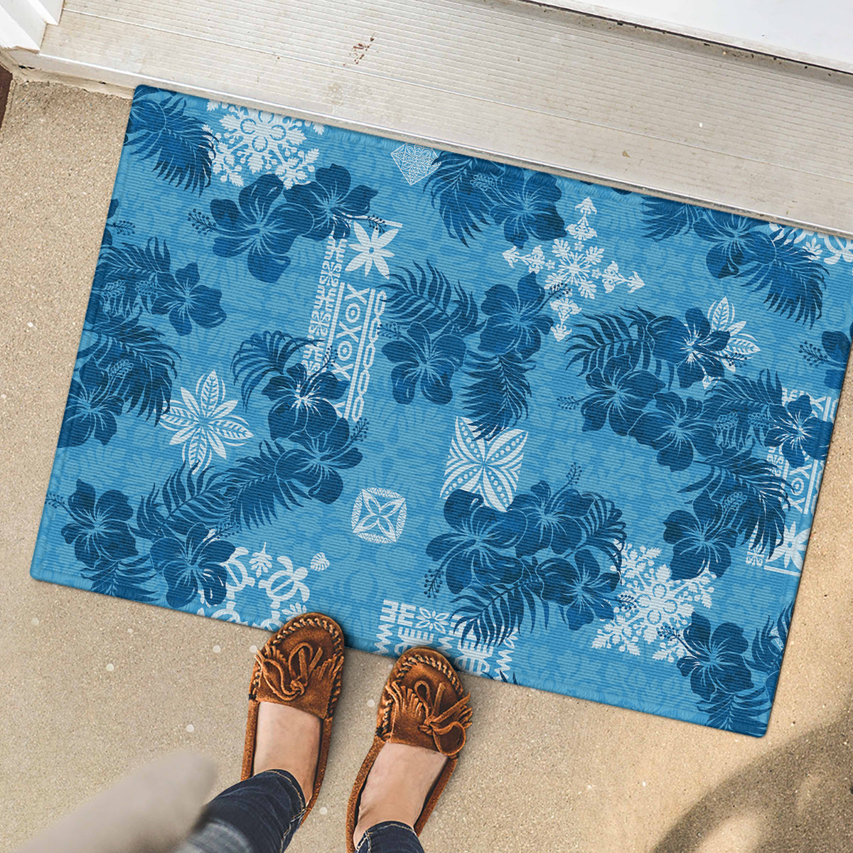 Hawaii Tapa Rubber Doormat Hibiscus Mix Hawaiian Quilt Patches - Blue - Wonder Print Shop
