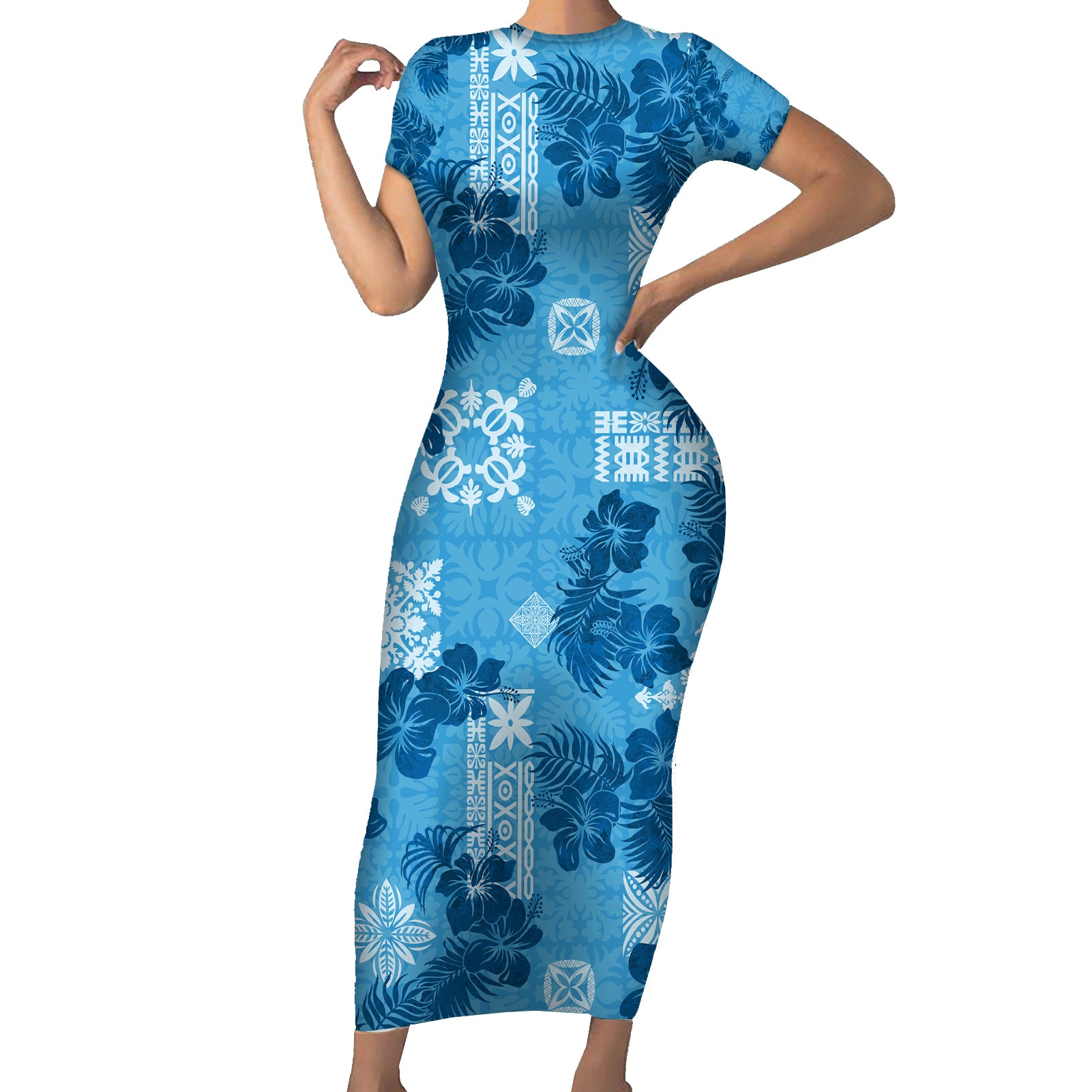 Hawaii Tapa Short Sleeve Bodycon Dress Hibiscus Mix Hawaiian Quilt Patches - Blue - Wonder Print Shop