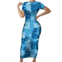 Hawaii Tapa Short Sleeve Bodycon Dress Hibiscus Mix Hawaiian Quilt Patches - Blue - Wonder Print Shop