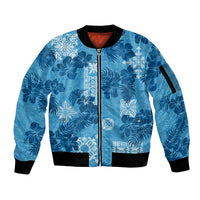 Hawaii Tapa Sleeve Zip Bomber Jacket Hibiscus Mix Hawaiian Quilt Patches - Blue - Wonder Print Shop
