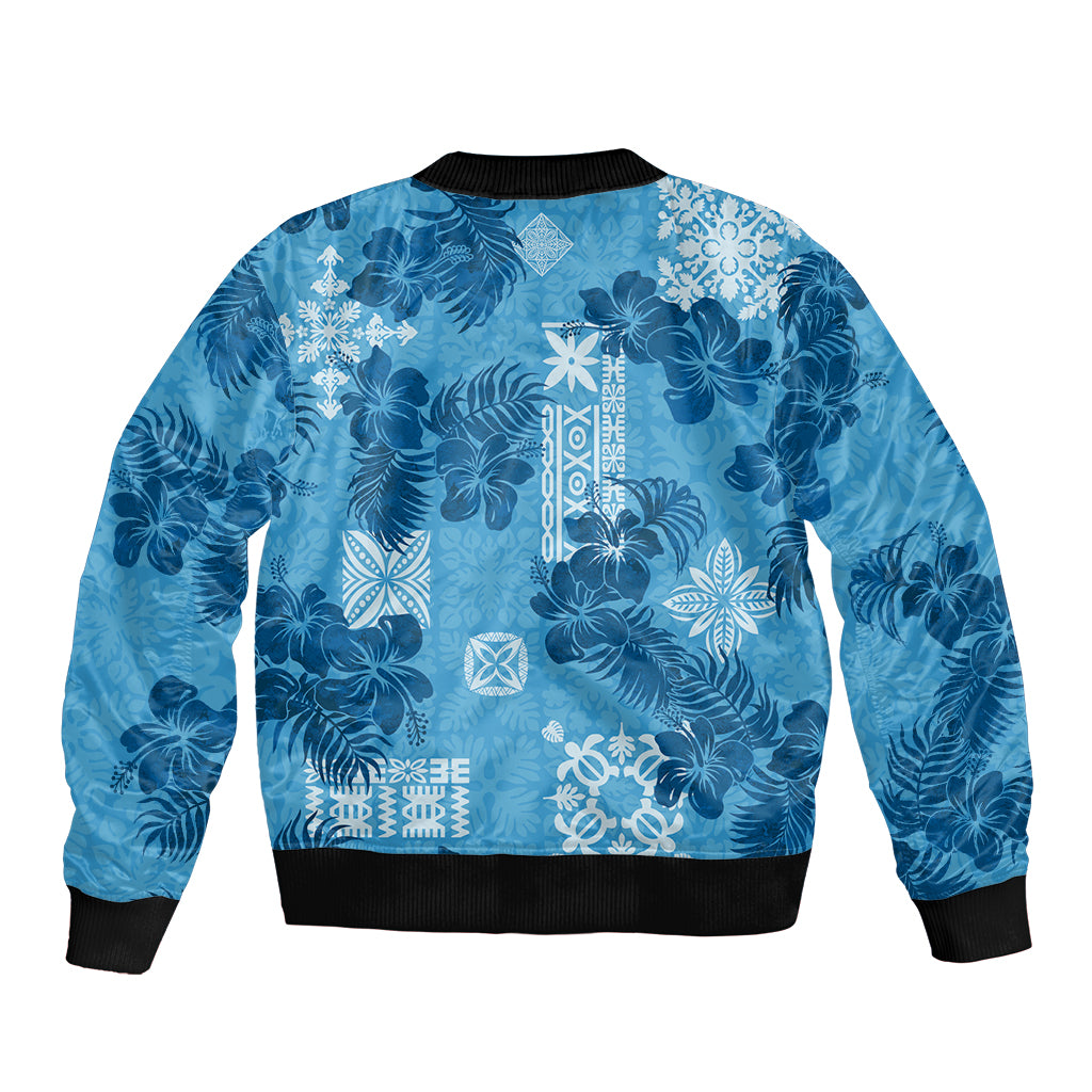 Hawaii Tapa Sleeve Zip Bomber Jacket Hibiscus Mix Hawaiian Quilt Patches - Blue - Wonder Print Shop