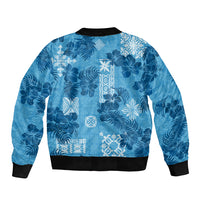 Hawaii Tapa Sleeve Zip Bomber Jacket Hibiscus Mix Hawaiian Quilt Patches - Blue - Wonder Print Shop