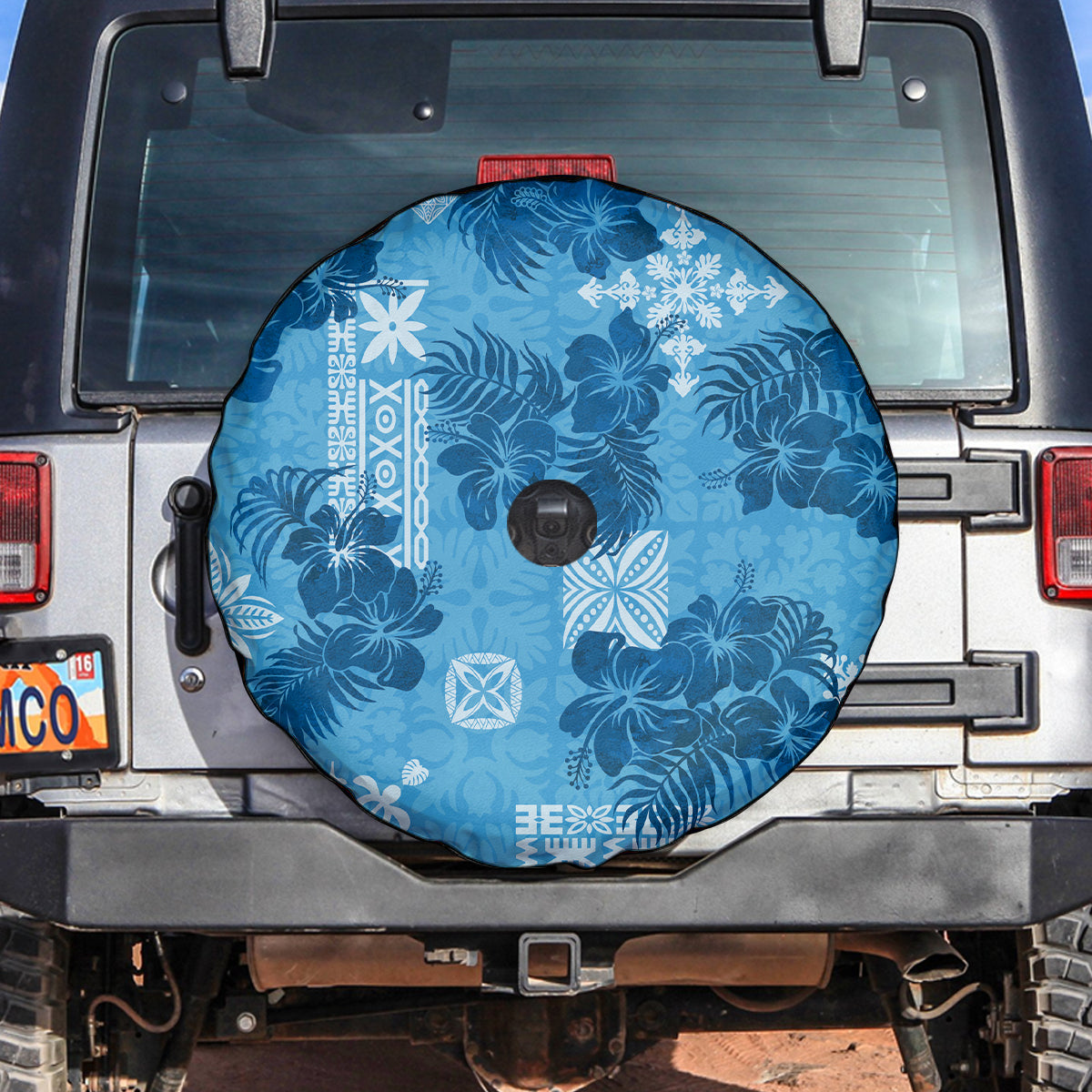 Hawaii Tapa Spare Tire Cover Hibiscus Mix Hawaiian Quilt Patches - Blue - Wonder Print Shop