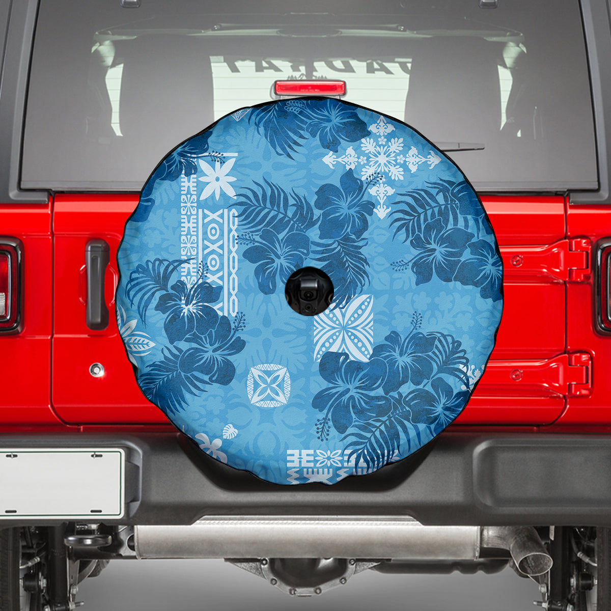 Hawaii Tapa Spare Tire Cover Hibiscus Mix Hawaiian Quilt Patches - Blue - Wonder Print Shop