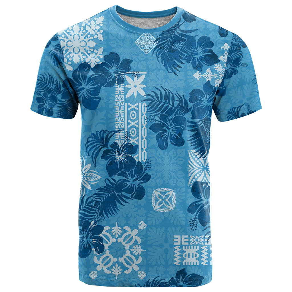 Hawaii Tapa T Shirt Hibiscus Mix Hawaiian Quilt Patches - Blue - Wonder Print Shop