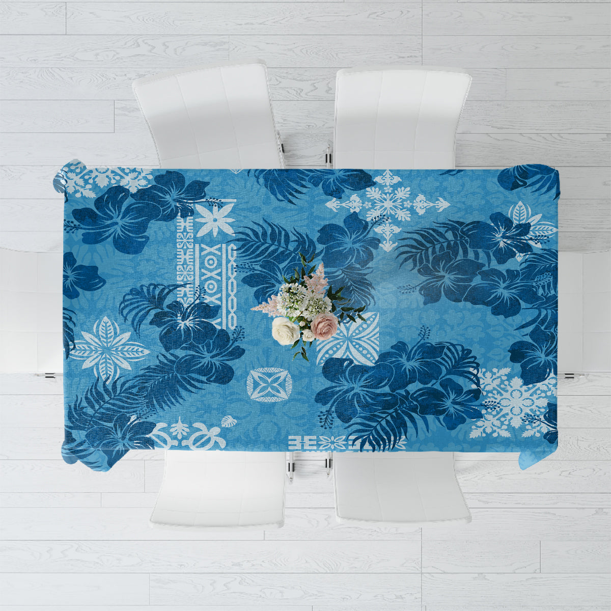 Hawaii Tapa Tablecloth Hibiscus Mix Hawaiian Quilt Patches - Blue - Wonder Print Shop