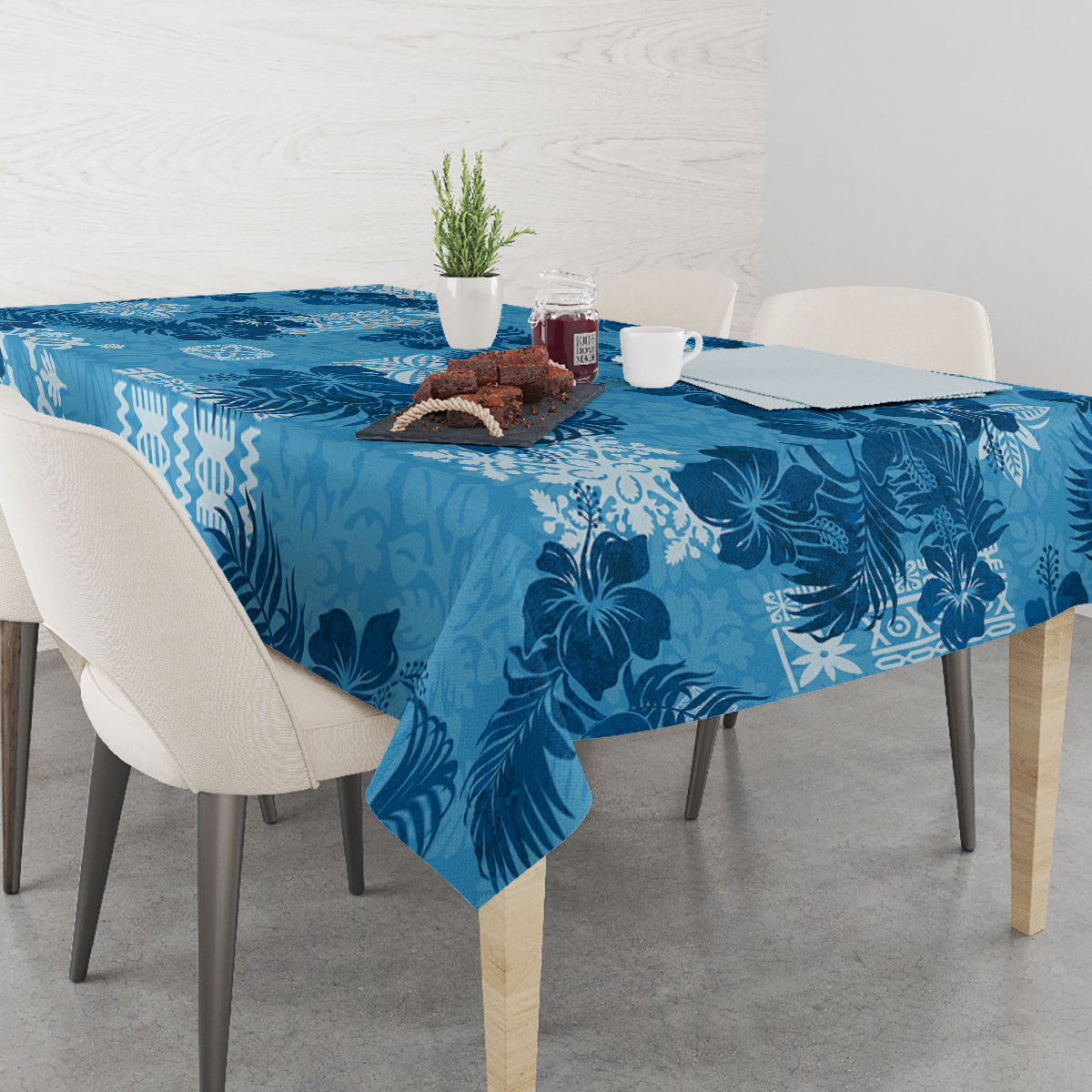 Hawaii Tapa Tablecloth Hibiscus Mix Hawaiian Quilt Patches - Blue - Wonder Print Shop
