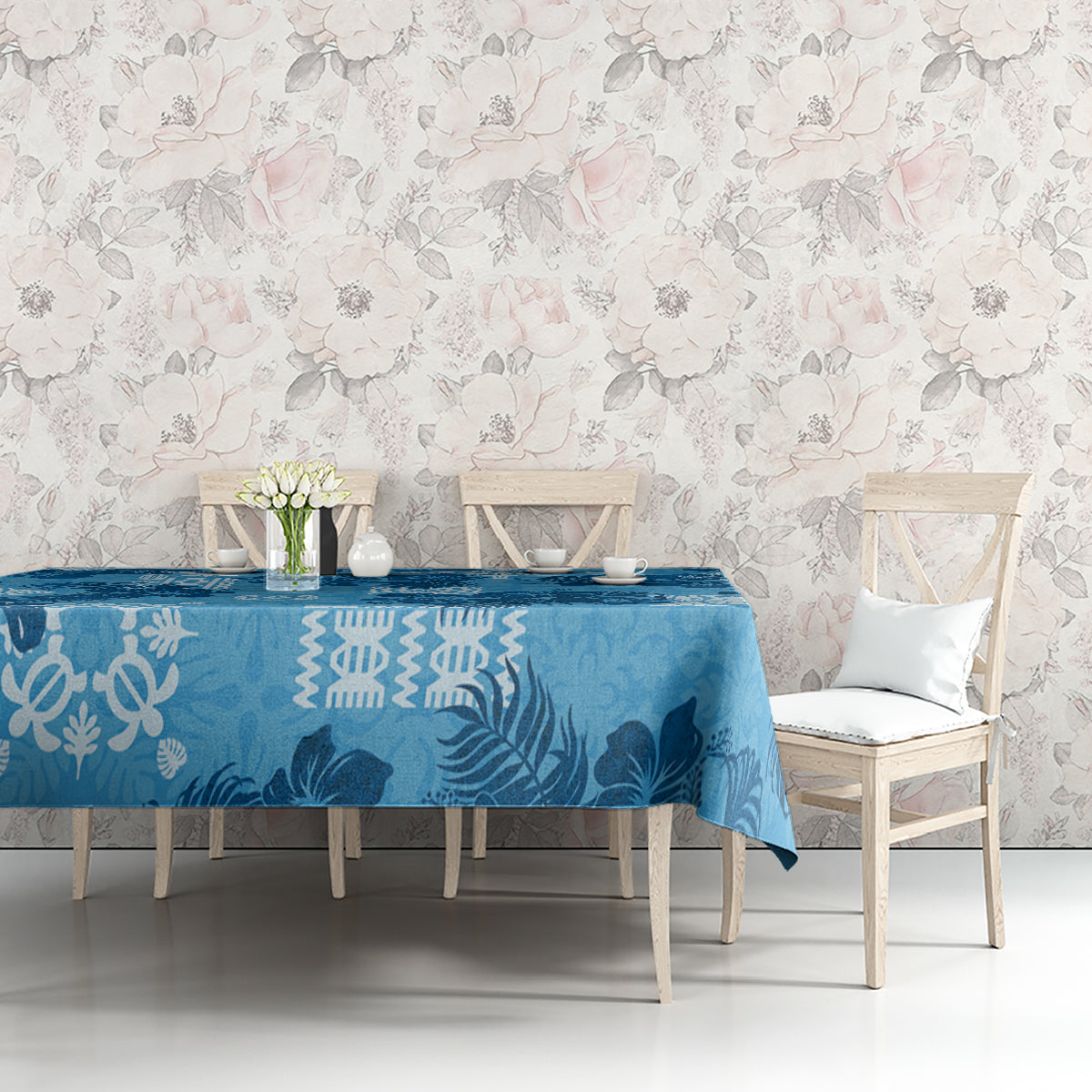 Hawaii Tapa Tablecloth Hibiscus Mix Hawaiian Quilt Patches - Blue - Wonder Print Shop