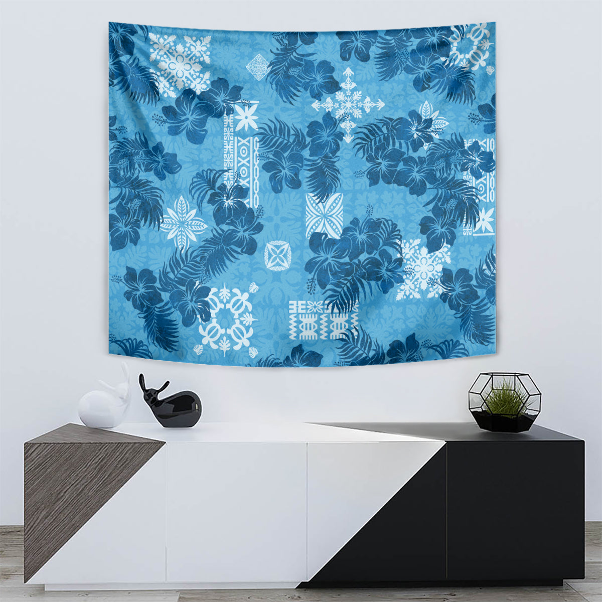 Hawaii Tapa Tapestry Hibiscus Mix Hawaiian Quilt Patches - Blue - Wonder Print Shop