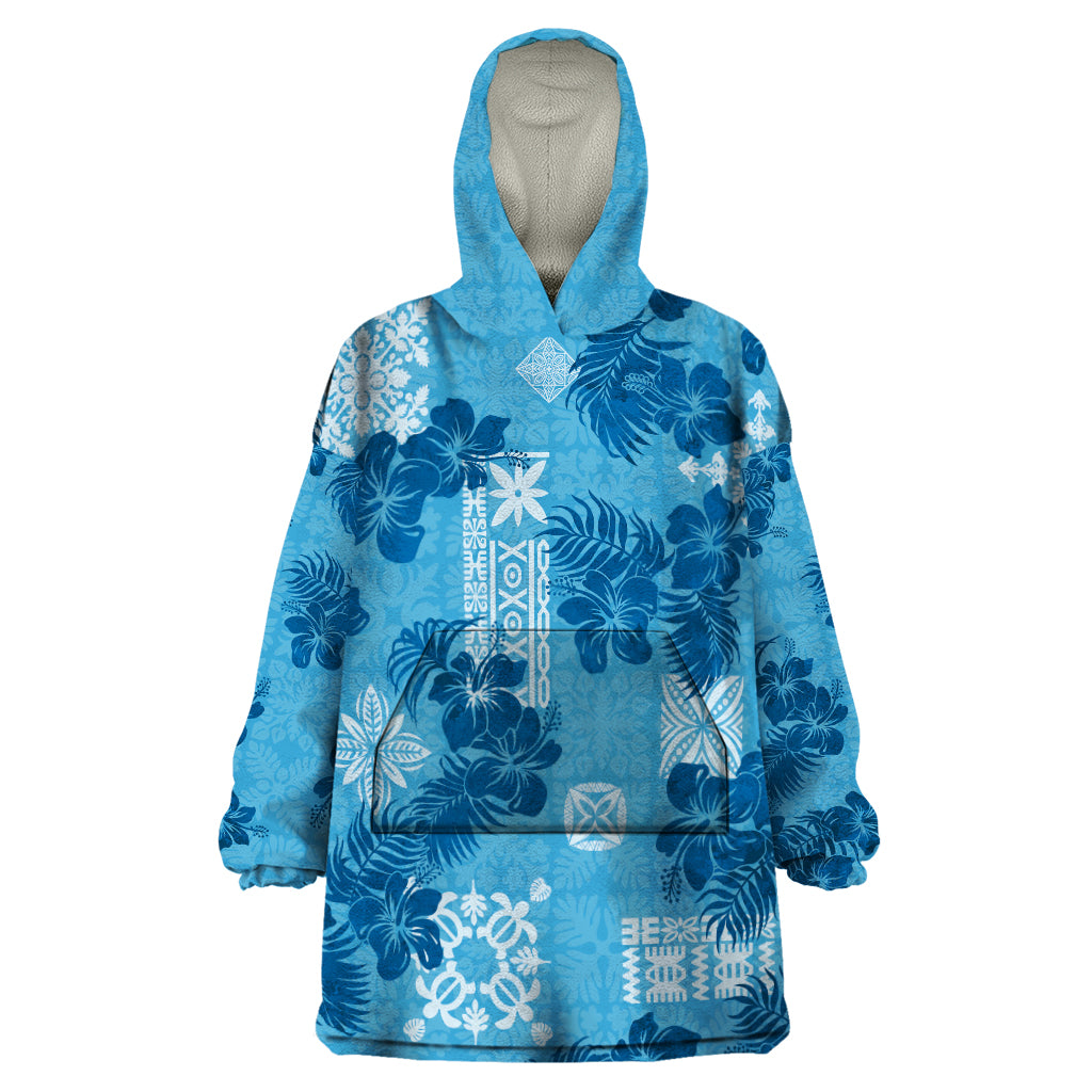 Hawaii Tapa Wearable Blanket Hoodie Hibiscus Mix Hawaiian Quilt Patches - Blue - Wonder Print Shop