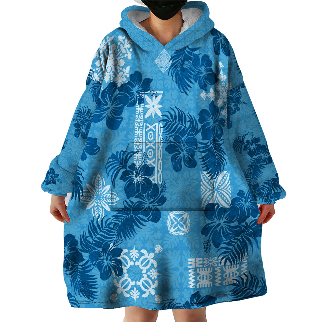 Hawaii Tapa Wearable Blanket Hoodie Hibiscus Mix Hawaiian Quilt Patches - Blue - Wonder Print Shop