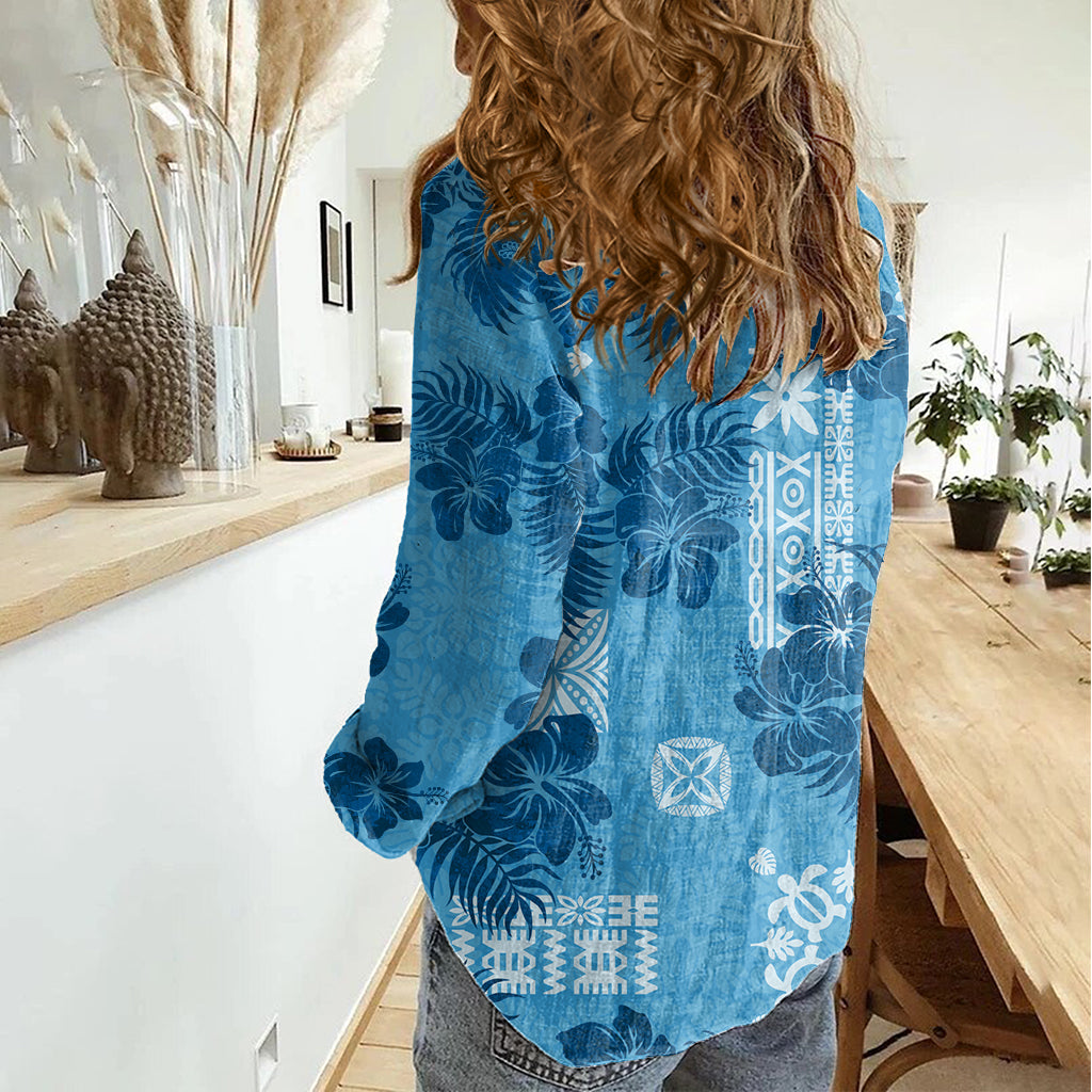 Hawaii Tapa Women Casual Shirt Hibiscus Mix Hawaiian Quilt Patches - Blue - Wonder Print Shop