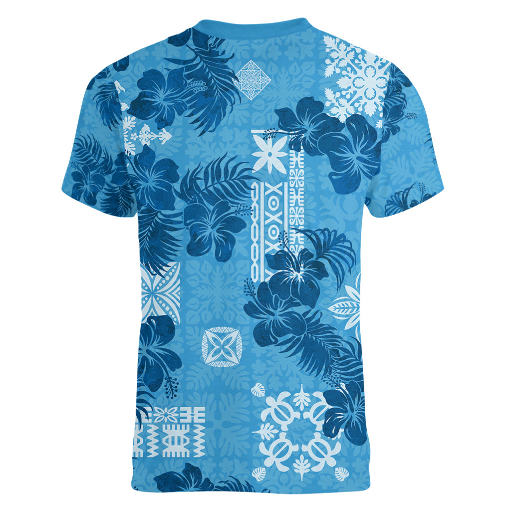 Hawaii Tapa Women V Neck T Shirt Hibiscus Mix Hawaiian Quilt Patches - Blue - Wonder Print Shop