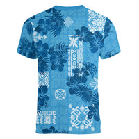 Hawaii Tapa Women V Neck T Shirt Hibiscus Mix Hawaiian Quilt Patches - Blue - Wonder Print Shop