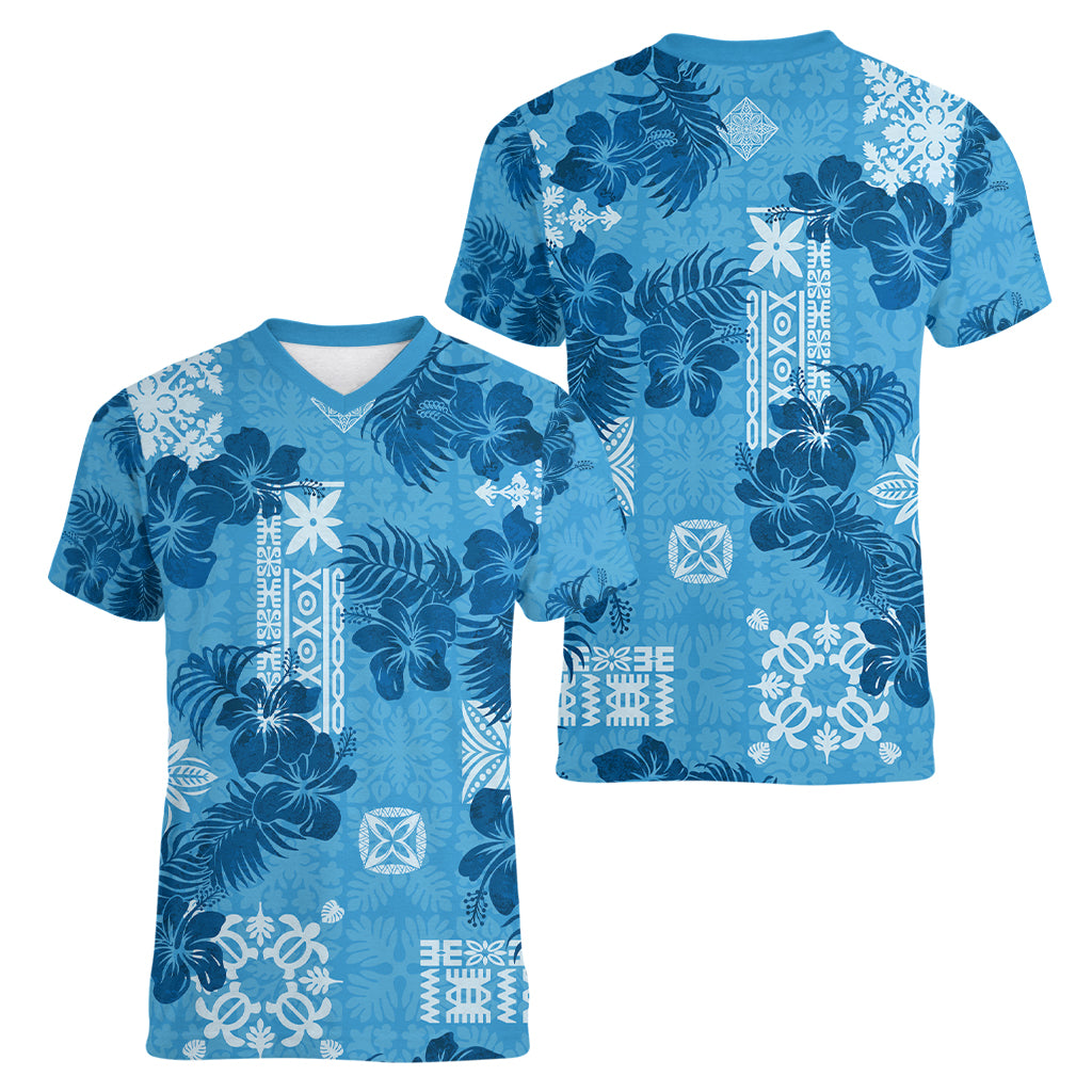 Hawaii Tapa Women V Neck T Shirt Hibiscus Mix Hawaiian Quilt Patches - Blue - Wonder Print Shop