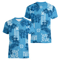 Hawaii Tapa Women V Neck T Shirt Hibiscus Mix Hawaiian Quilt Patches - Blue - Wonder Print Shop